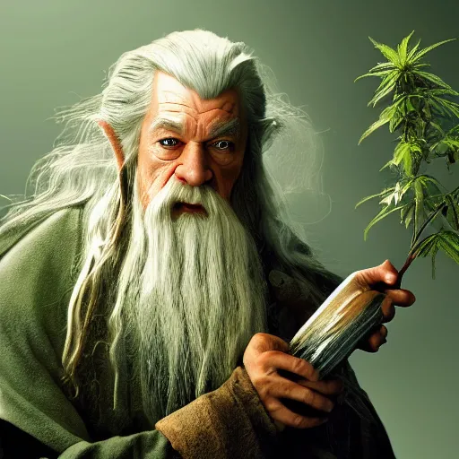 Image similar to Gandalf from the hobbit holding a marijuana plant, amazing digital art, trending on artstation, highly detailed