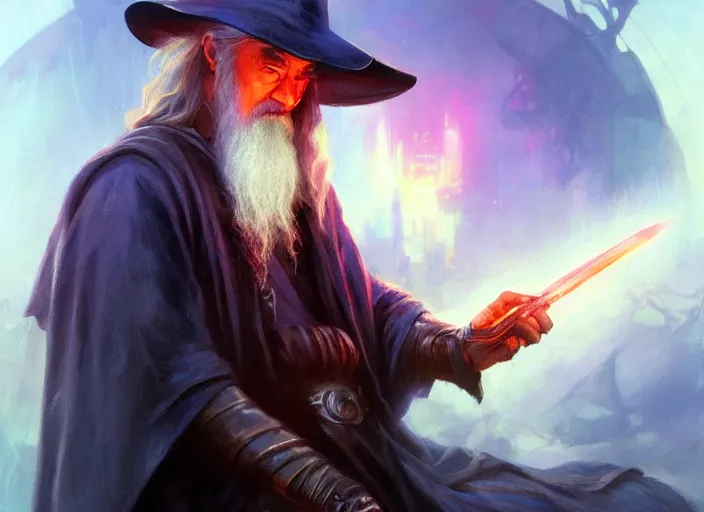 Prompt: cyberpunk gandalf by vladimir volegov and alexander averin and delphin enjolras and daniel f. gerhartz