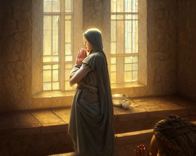 Image similar to poor hungry woman praying to a cross and crying, emotional sad painting, very poor, hungry, medieval peasants, fantasy, cruel, dramatic lighting, intricate, wild, highly detailed, digital painting, artstation, concept art, smooth, sharp focus, illustration, art by artgerm and greg rutkowski and alphonse mucha