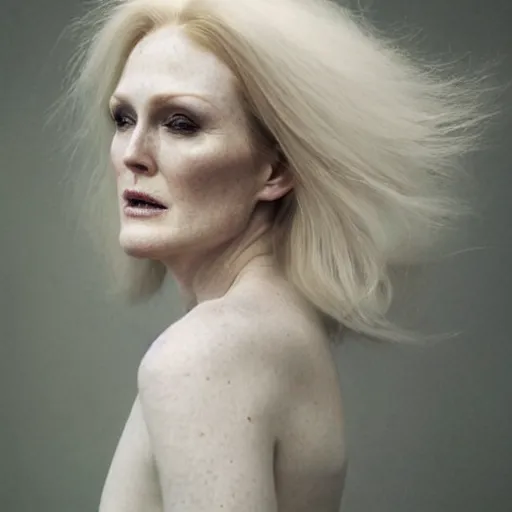 Image similar to portrait photo of julianne moore, full platinum blond, intense, pale skin, by kyle thompson, realistic, high detail, high quality, trending on pinteresst