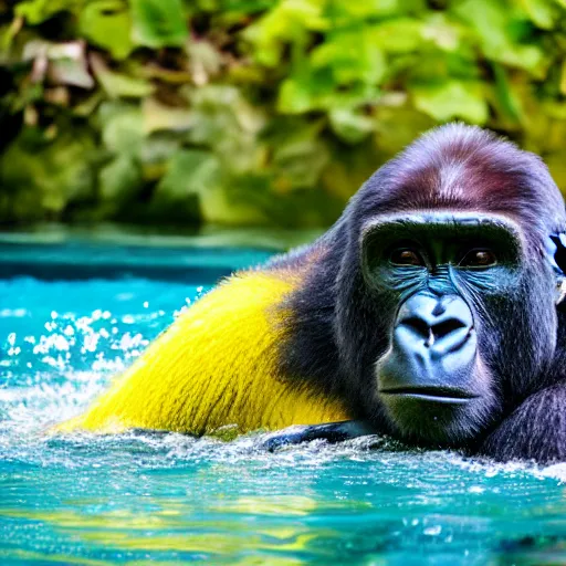 Prompt: gorilla diving into a yellow pool