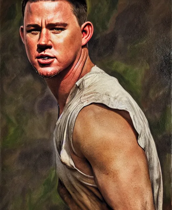 Prompt: portrait of channing tatum as an ohio farm boy, art by denys tsiperko and bogdan rezunenko and franz xaver kosler, hyperrealism