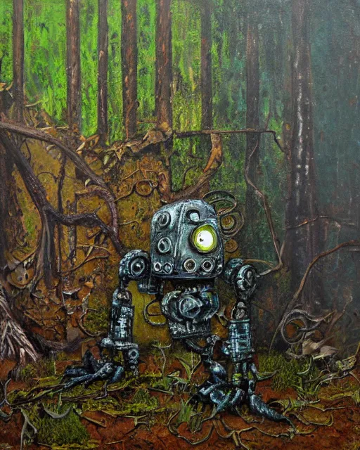 Image similar to detailed oil painting of a decayed, rusty, robot, covered in moss, in a forest, painted by Greg Rukowtski, sunlight