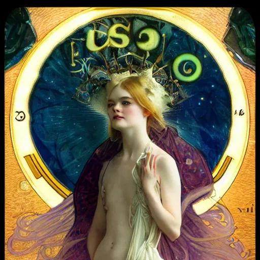 Image similar to elle fanning portrait by louis - theophile hingre and alphonse mucha, realistic, sharp focus, zodiac signs, tarot cards, planets, ethereal, art nouveau, magic, moon, sun, crown, dreamy, royal, jewellery