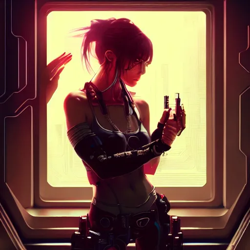 Prompt: art by ross tran, portrait of cyberpunk woman looking out of a window, cyberpunk setting, futuristic, highly detailed, intricate lighting, digital painting, sharp focus, illustration, trending on artstation.