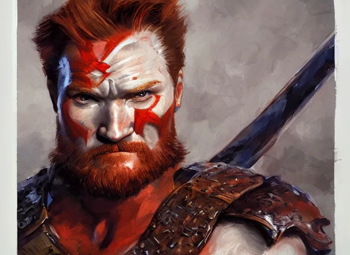 Image similar to a highly detailed beautiful portrait of conan o'brien as kratos, by gregory manchess, james gurney, james jean