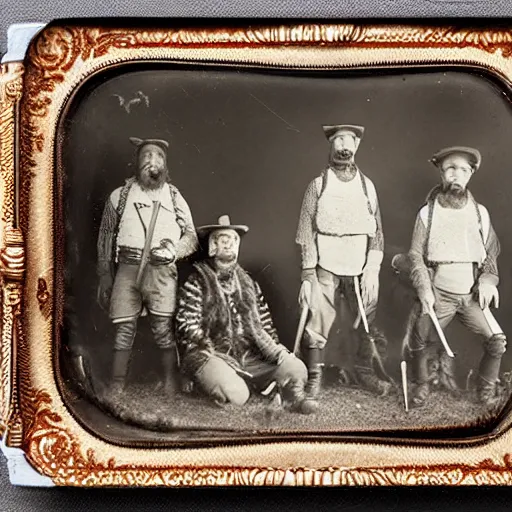 Prompt: fur trappers with harpoons tintype