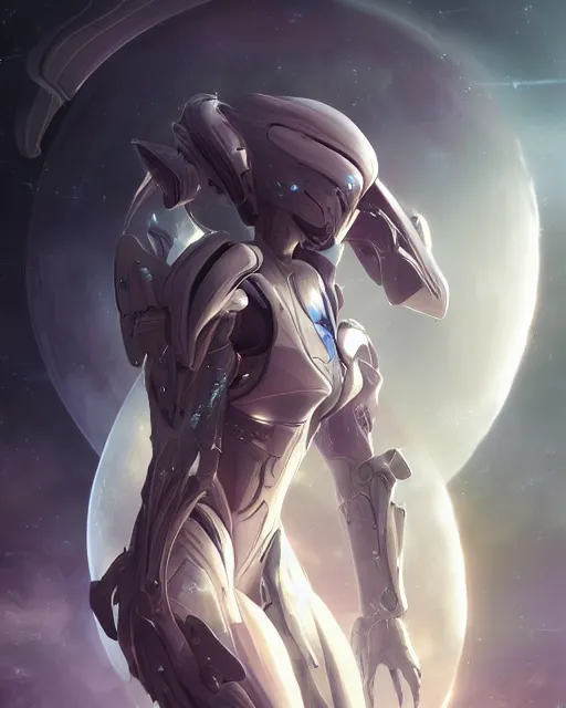 Prompt: perfect android girl on a mothership, warframe armor, beautiful face, scifi, futuristic, galaxy, nebula, raytracing, dreamy, long white hair, blue cyborg eyes, sharp focus, cinematic lighting, highly detailed, artstation, innocent, art by gauthier leblanc, kazuya takahashi, huifeng huang