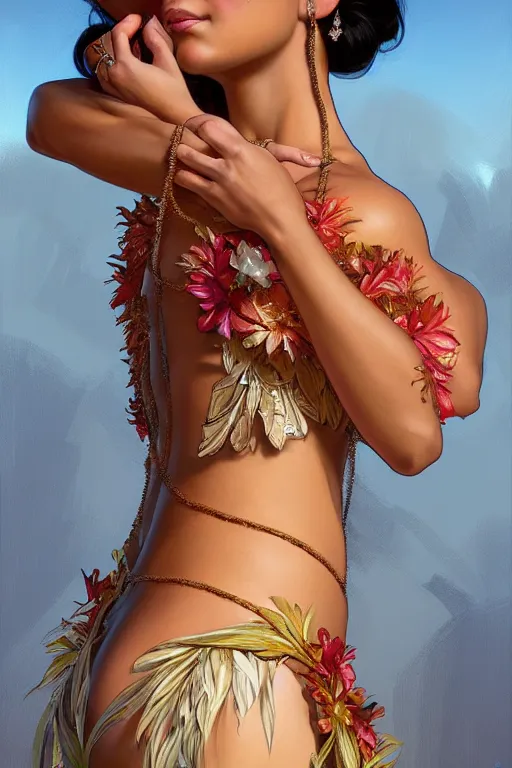 Image similar to body portrait of hawaiian princess wearing a lea, by terry o'neill intricate, elegant, highly detailed, digital painting, glistening skin, artstation, concept art, smooth, sharp focus, contrasting lighting, bright colors, dark background, illustration, art by artgerm and greg rutkowski and alphonse mucha, 8 k