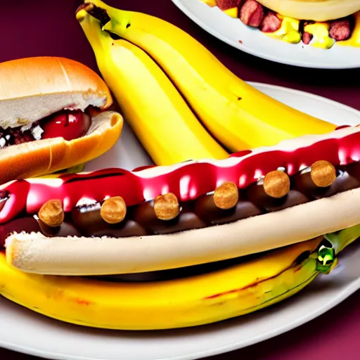 Image similar to commercial photo of a banana split with a hot dog instead of the banana, mustard, ketchup,