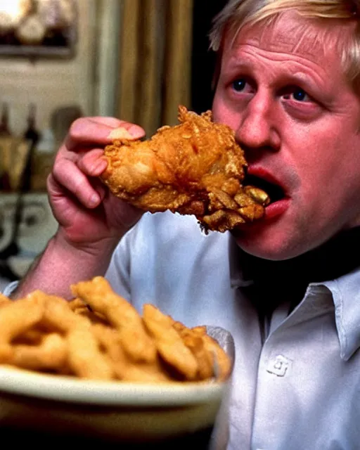 Image similar to film still close - up shot of boris johnson eating fried chicken from the movie monty python's the meaning of life. photographic, photography