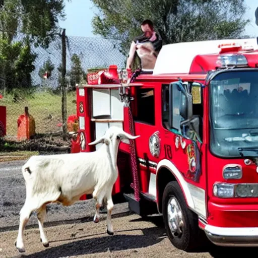 Image similar to a jew milking a goat in a fire truck