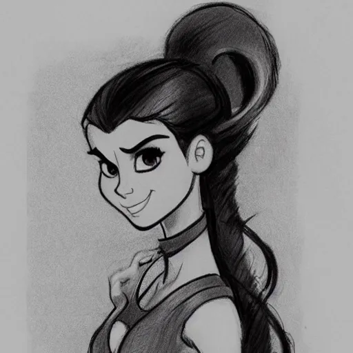 Image similar to milt kahl sketch of victoria justice with done up hair, tendrils covering face and ponytail as princess padme from star wars episode 3