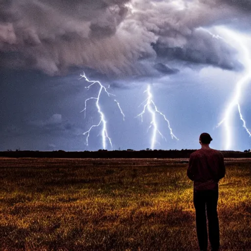Prompt: a man getting struck by lightning, Golden hour, Cinematic