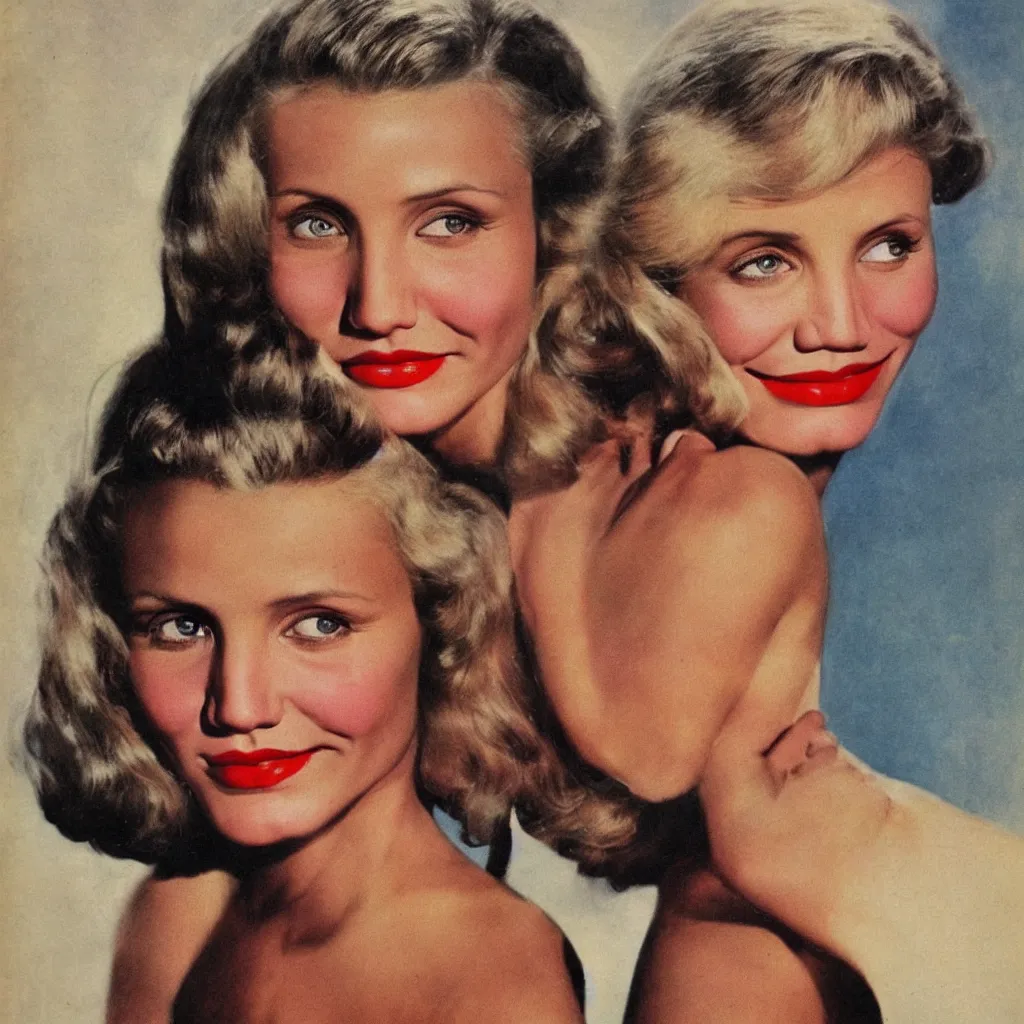 Image similar to Cameron Diaz portrait, color vintage magazine illustration 1950