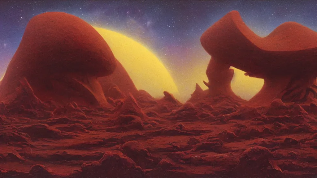 Image similar to mysterious sculpture of an alien civilization by paul lehr and john schoenherr, cinematic matte painting