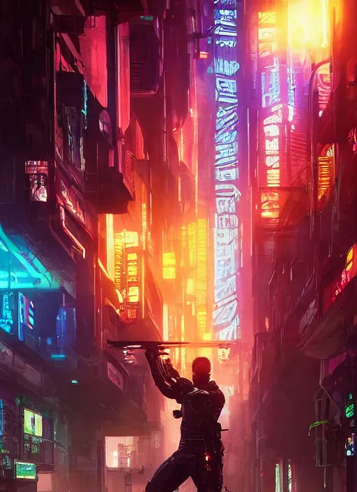 Image similar to cyberpunk combat sports. the 2 0 7 8 champion. blade runner 2 0 4 9 concept painting. epic painting by james gurney, azamat khairov, and alphonso mucha. artstationhq. painting with vivid color. ( rb 6 s, cyberpunk 2 0 7 7 )