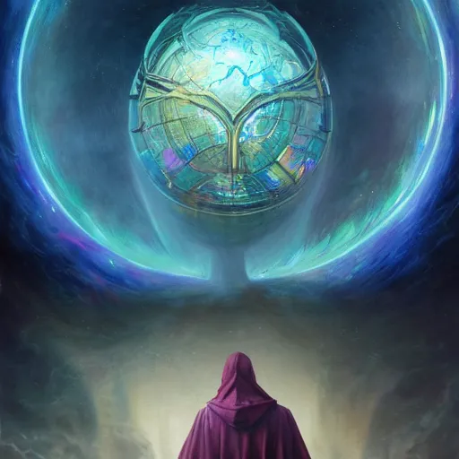 Image similar to the creator of worlds wearing a cloak and holding a holographic planet projection in his hand, detailed, sci - fi, digital painting, artstation, sharp focus, illustration, ominous, artgerm, tomasz alen kopera, peter mohrbacher, donato giancola, joseph christian leyendecker, wlop, frank frazetta