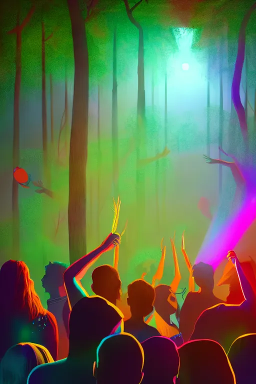 Prompt: scene from a party with ten people in the forest, big bass speakers, vibrant colours, beautiful, digital art, winning award masterpiece, cinematic lighting, trending on artstation, 8 k