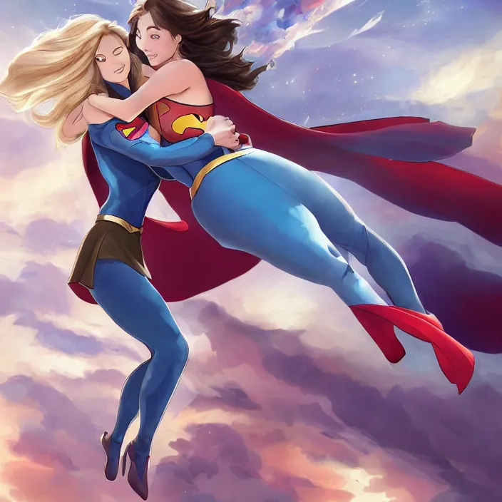 Prompt: A beautiful ultradetailed cartoon of one Supergirl hovering and holding one Lena Luthor in her arms, blue sky, Metropolis, 4k, Raphael Lacoste, by Rossdraws and Bluesssatan and Mandy Jurgens and Stjepan Sejic, Legend of Korra, Supergirl, fanart, trending on artstation, highly detailed, soft lighting 8k resolution, dramatic lighting, unreal engine 5, Pinterest, Katie McGrath, Melissa Benoist