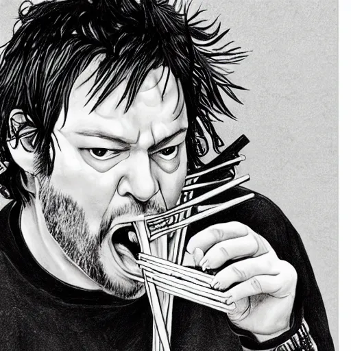 Image similar to pencil illustration of Bam Margera eating sushi with chopsticks highly detailed