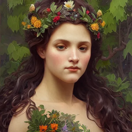 Image similar to portrait of gaea goddess, intricate, elegant, highly detailed, digital painting, artstation, concept art, smooth, sharp focus, illustration, art by artgerm and greg rutkowski and alphonse mucha and william - adolphe bouguereau