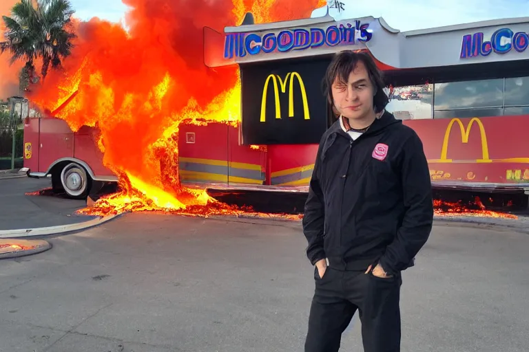 Prompt: Gonzo posing for a photo in front of a McDonalds covered in fire and flames