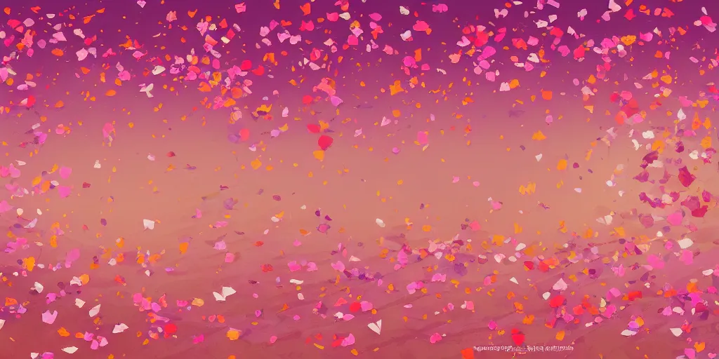 Prompt: background art of spaciously scattered flower petals flowing and flowing through the air from left to right on a simple sunset background, large individual rose petals, angular background elements, polygonal fragments, anime, artgerm, manga, trending on artstation, art nouveau, mature color scheme