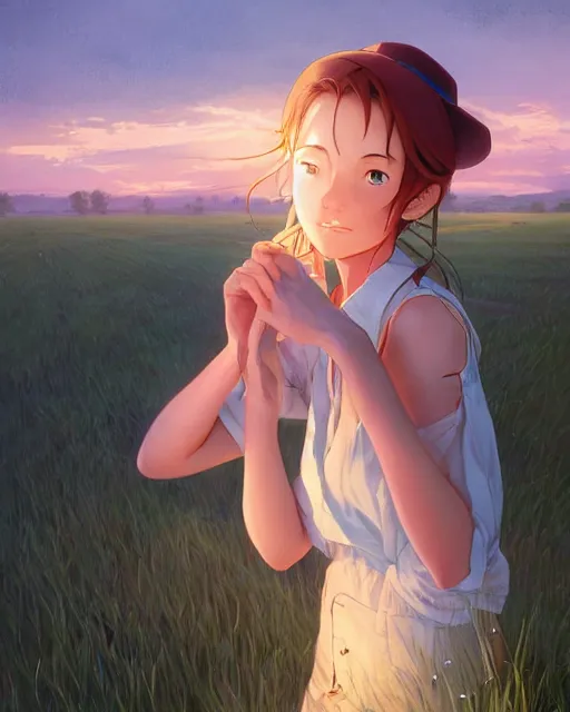 Image similar to a farmer girl making a kissy face, full shot, atmospheric lighting, detailed face, by makoto shinkai, stanley artgerm lau, wlop, rossdraws