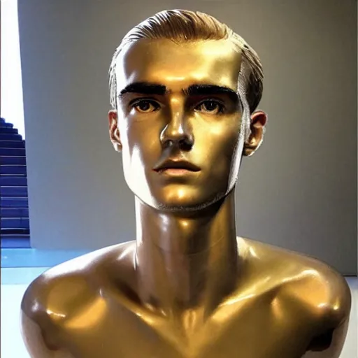 Image similar to “ a realistic detailed photo of a guy who is an attractive humanoid who is half robot and half humanoid, who is a male android, soccer player antoine griezmann, shiny skin, posing like a statue, blank stare, at the museum, on display ”