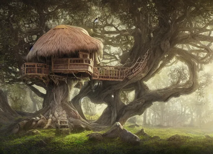 Image similar to detailed full body concept art illustration pastel painting of a treehouse, ultra detailed, digital art, octane render, dystopian, micro detail 4k