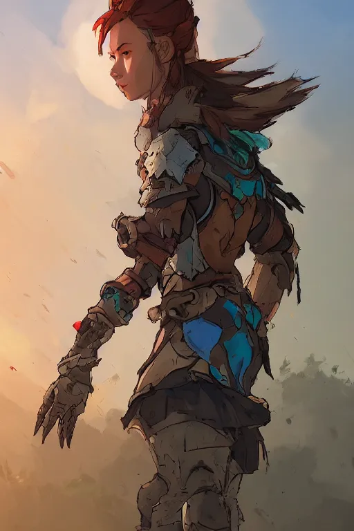 Image similar to combination suit armor aloy horizon forbidden west horizon zero dawn robot ninja mask helmet backpack tribal, gta 5 comics, official fanart behance hd artstation by jesper ejsing, by rhads, makoto shinkai and lois van baarle, ilya kuvshinov, ossdraws