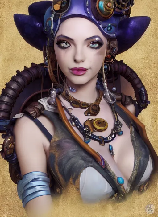 Image similar to steampunk portrait of jinx from league of legends, au naturel, hyper detailed, digital art, trending in artstation, cinematic lighting, studio quality, smooth render, unreal engine 5 rendered, octane rendered, art style by klimt and nixeu and ian sprigger and wlop and krenz cushart.