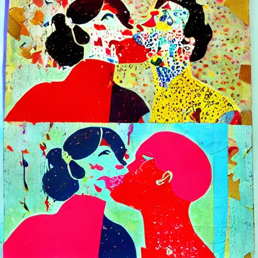 Image similar to two women kissing at a carnival, mixed media collage, retro, paper collage, magazine collage, acrylic paint splatters