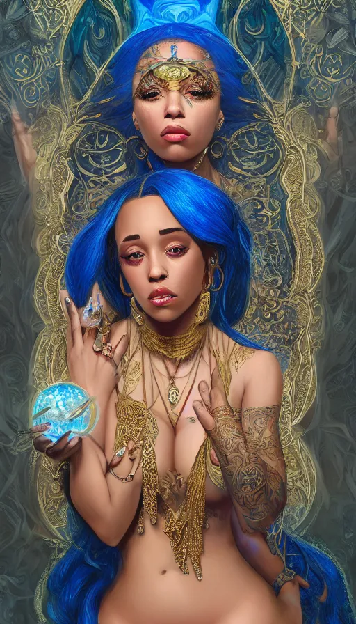 Prompt: rapper doja cat as a sorceress, passionate, seductive, sweaty, intricate dressed in ornate blue robes and staff, lovely, intricate, highly detailed, digital painting, artstation, concept art, smooth, sharp focus, illustration, unreal engine 5, 8 k, art by artgerm and greg rutkowski and alphonse mucha