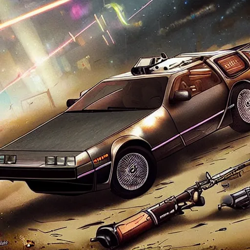 Image similar to a rusty delorean in the style of madd maxx with attached weapons