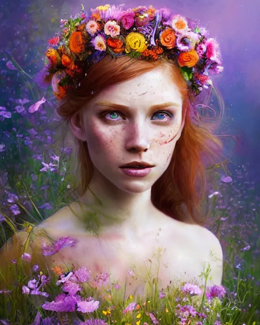Image similar to princess swathed in flowers, perfect face, thin tiara, halter top, ginger hair, abs, cinematic, freckles, stunning, athletic, strong, agile, highly detailed, psychedelic, digital painting, artstation, smooth, hard focus, illustration, art by jessica rossier and and brian froud