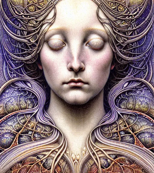 Image similar to detailed realistic beautiful pearlescent goddess face portrait by jean delville, gustave dore, iris van herpen and marco mazzoni, art forms of nature by ernst haeckel, art nouveau, symbolist, visionary, gothic, neo - gothic, pre - raphaelite, fractal lace, intricate alien botanicals, biodiversity, surreality, hyperdetailed ultrasharp octane render