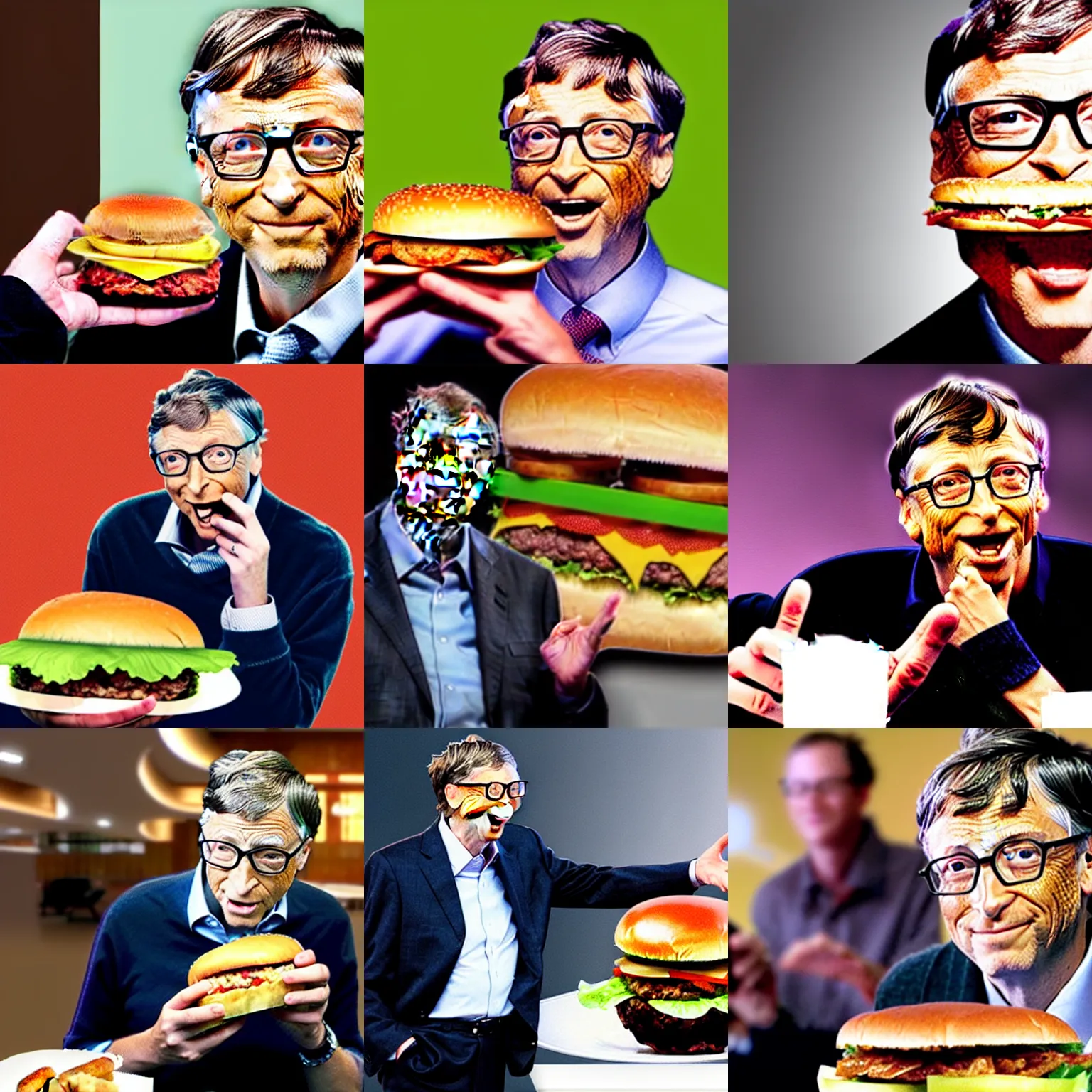 Prompt: photo of bill gates struggling to eat a giant hamburger