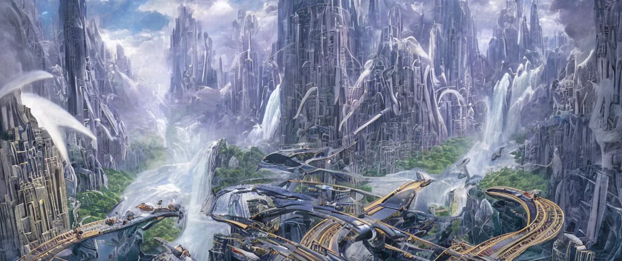 Prompt: A beautiful illustration of a futuristic city of bridges built on a world of waterfalls by Robert McCall and Ralph McQuarrie | sparth:.1 | Time white:.2 | Rodney Matthews:.2 | Graphic Novel, Visual Novel, Colored Pencil, Comic Book:.4 | unreal engine:.3 | | viewed from above | establishing shot:.7