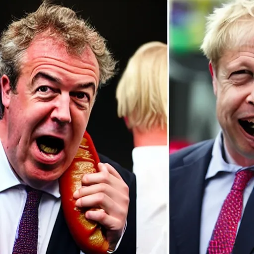 Image similar to jeremy clarkson shouting angry, nigel farage shouting angry, boris johnson shouting angry all fighting over hot dogs
