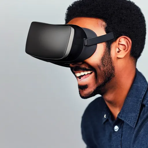 Image similar to A black man with black hair wearing a vr headset, smiling, realistic, ultra HD