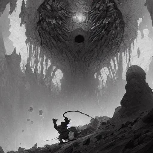 Image similar to A gully-dwarve fighting a Beholder in a cavern in the Underdark, wide view, intricate, Dungeons and Dragons, highly detailed, artstation, concept art, smooth, sharp focus, illustration, art by greg rutkowski and orientalism and bouguereau and Zdzislaw Beksinski, good clear quality, lighting, biology, symmetrical artwork, perfect face, 135 mm, cinematic, hyper realism, high detail, octane render, 8k, chrome accents