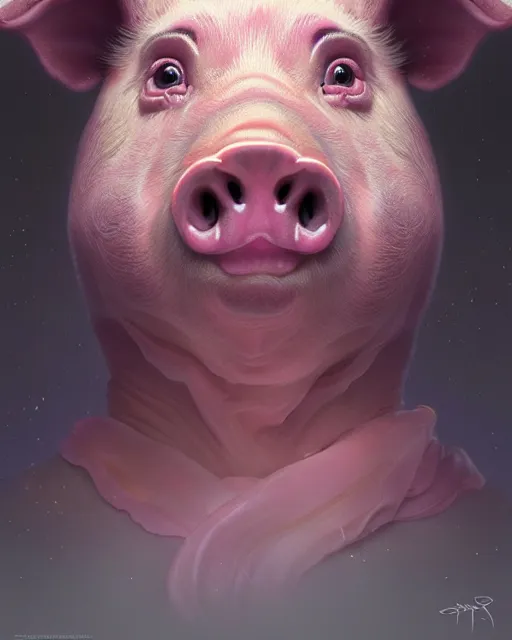 Image similar to portrait of a cute female pig, bioluminescent, veins, horror, scared, highly detailed, digital painting, cinematic, hyperrealism, dark retrowave, art by stanley lau and artgerm and magali villeneuve and alphonse mucha, artstation, octane render, cgsociety