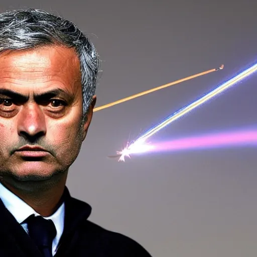 Image similar to jose mourinho flying in the sky throwing lasers from his eyes, award winning photograph