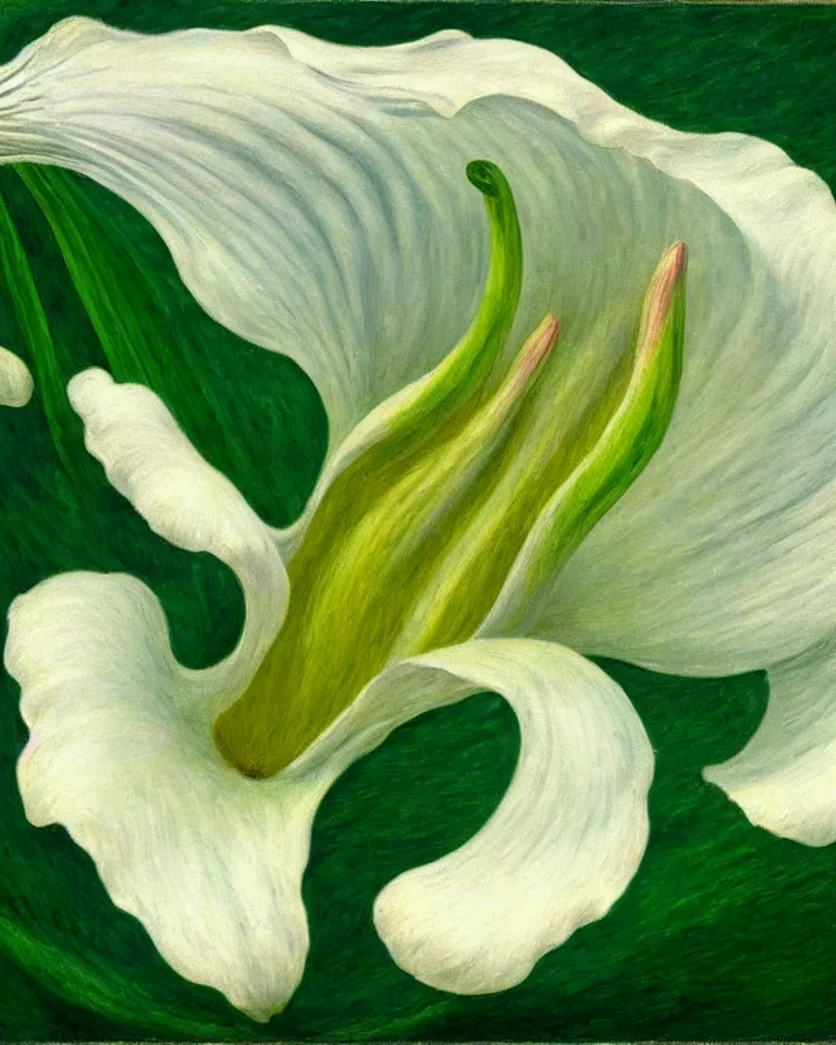 Image similar to achingly beautiful extreme close up painting of one white lily blossom on green background rene magritte, monet, and turner. piranesi. macro lens, symmetry, circular.