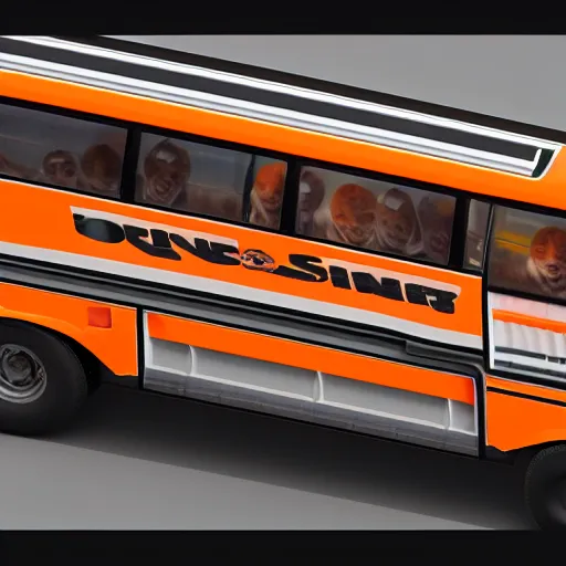 Prompt: a bus covered by orange and black striped soft fur, with 10 paws instead of wheels and a huge smiling cat face on the front and a furry cat tail at the back. Trending by artstation, rendered in unreal engine 5, anime style.