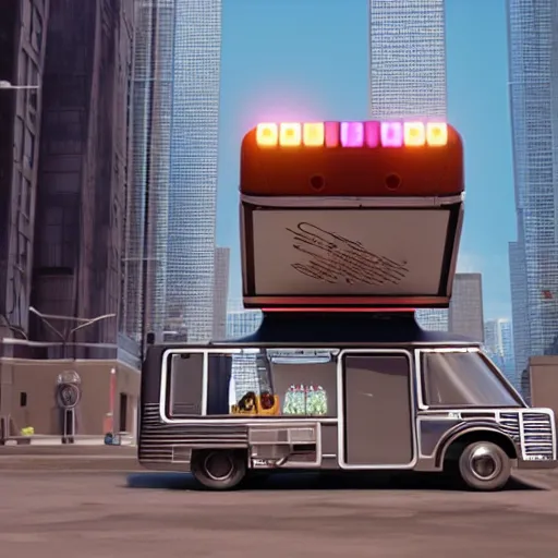 Image similar to a promotional movie still of a futuristic hovering food truck. the truck is next to a tall building. fifth element ( 1 9 9 7 ), unreal engine 5, octane 3 d, render, imax 7 0 mm