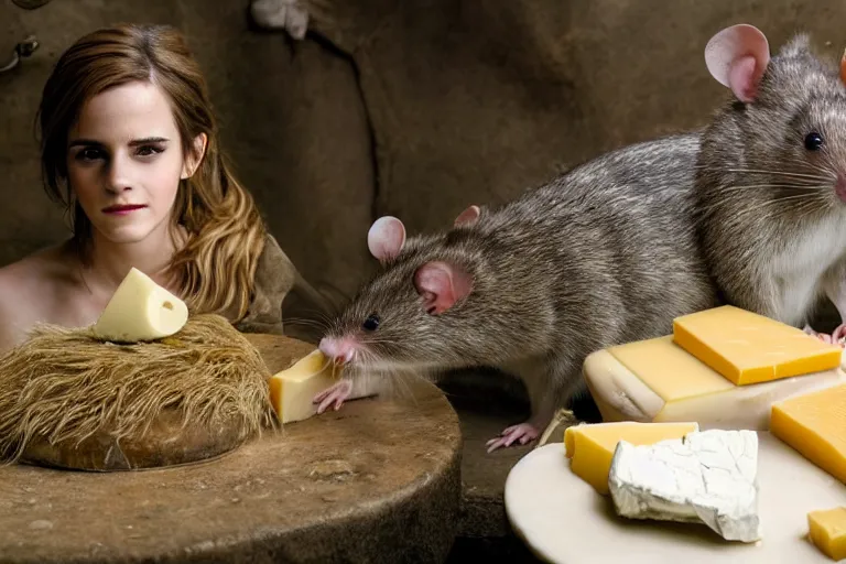 Prompt: photo, emma watson as anthropomorphic furry - rat inside animal body, huge rats around, eating cheese, highly detailed, intricate details