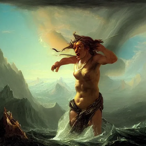 Image similar to portrait of proud and screaming Poseidon rising from the ocean, ready to fight with trident, fantasy art, by Thomas Cole, dark colors, sinister atmosphere